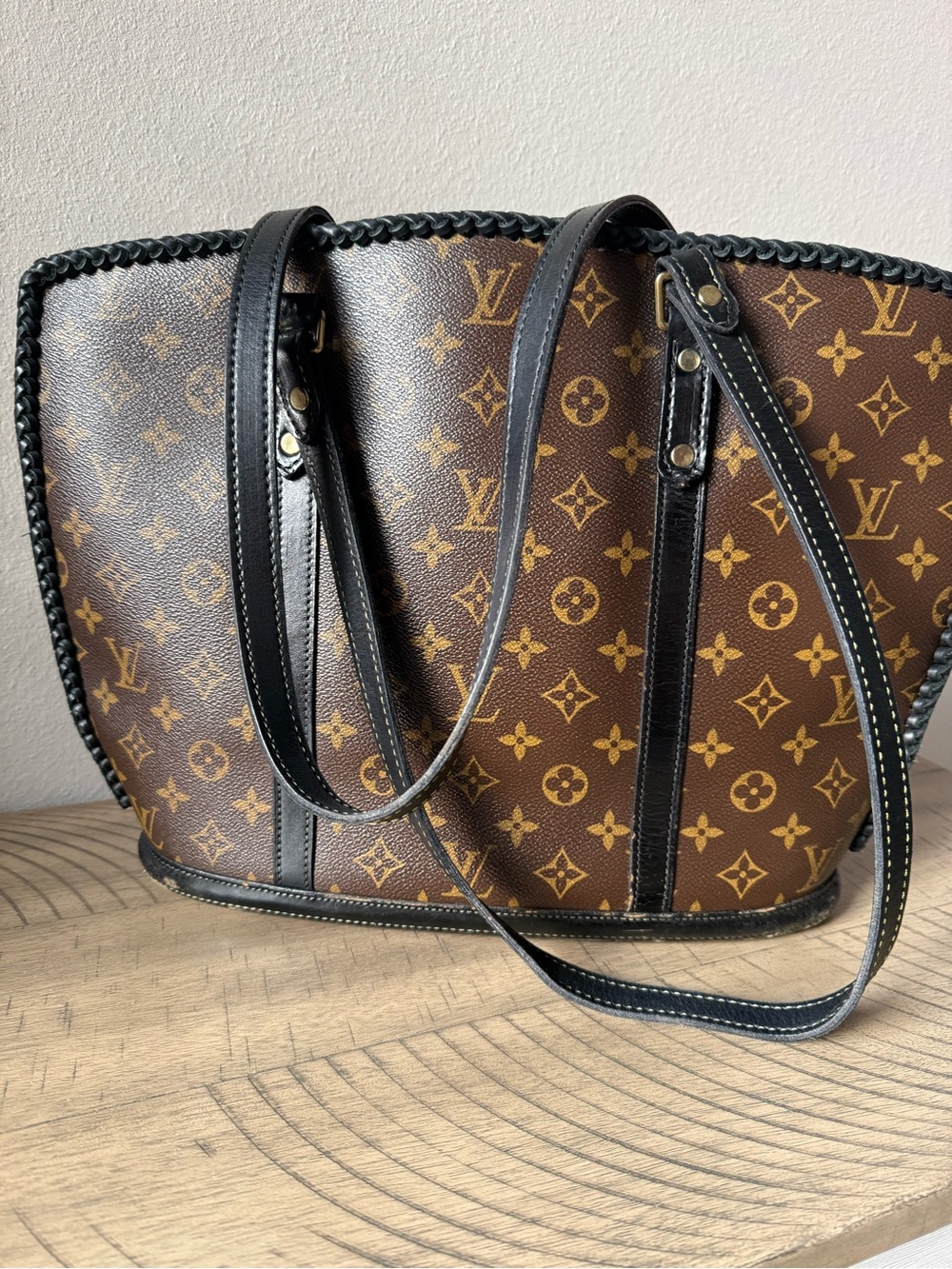 Louis Vuitton Brown Monogram Canvas Tote with Black Leather Trim